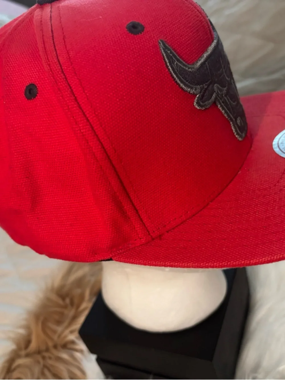 Mitchell & Ness Red and Black Snapback Cap with Embroidered Detail